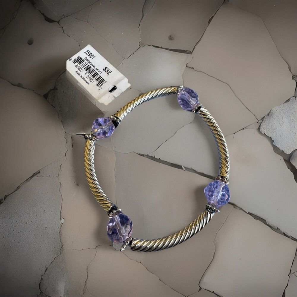 Cookie Lee Faceted Glass Stretch Bracelet Twisted Cable Gold Silver Tone Lavendr